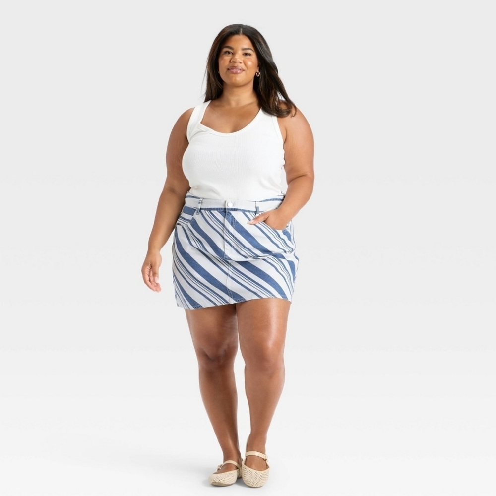 Striped Denim Mini Skirt, Navy/White, Size 17, NWT